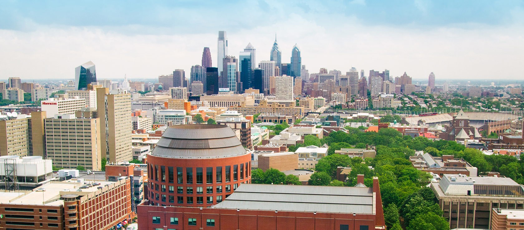 The Philadelphia skyline beyond the Wharton campus.